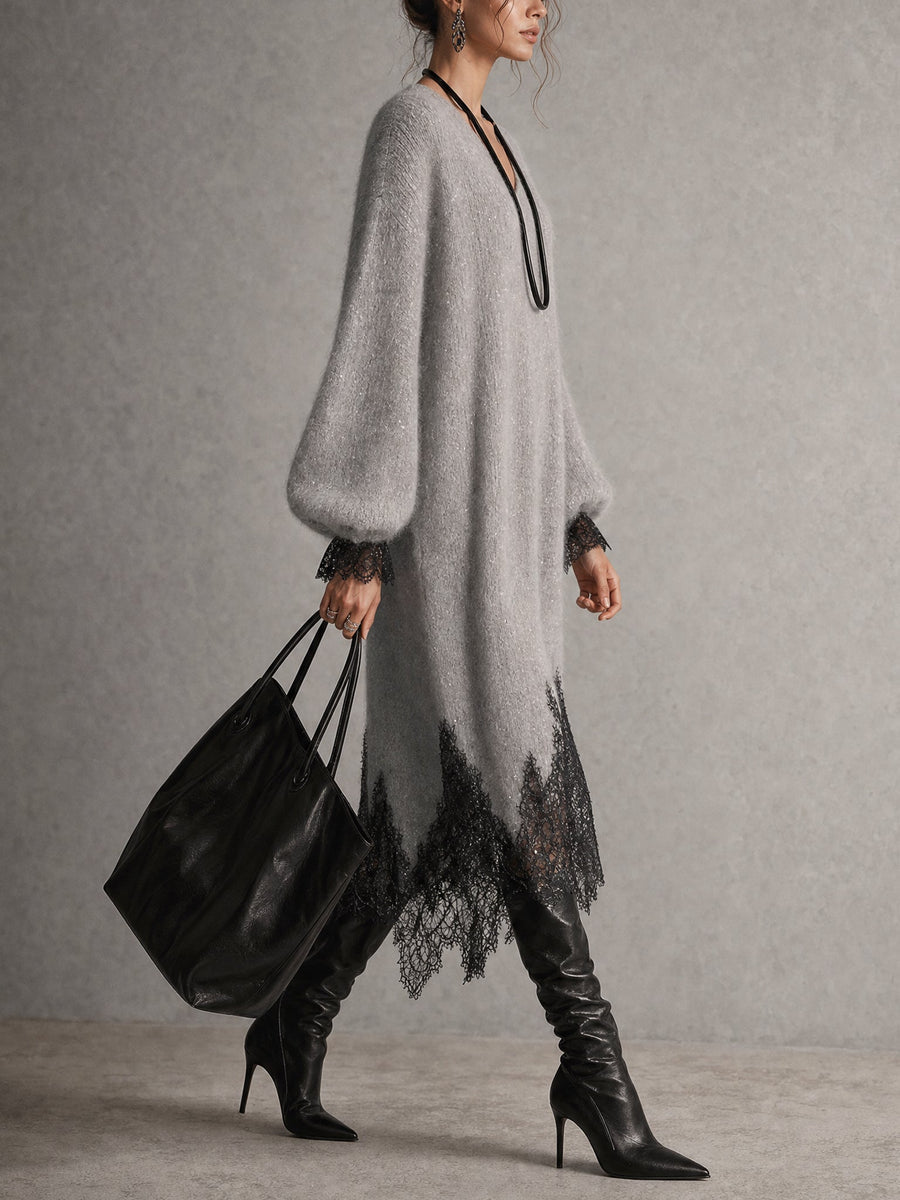Samyra - Midi Kleid Aus Strick Mit Spitze