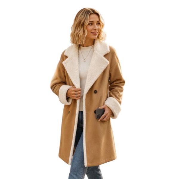 Lenkyna – Langer Mantel mit Fleece-Kragen und -Bündchen