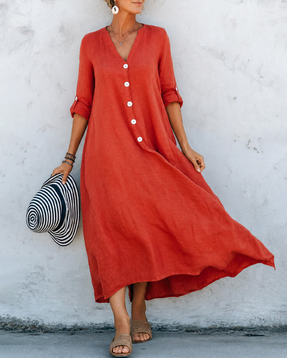 Lizie – Langes Kleid Mit V-Ausschnitt Und Knopfleiste