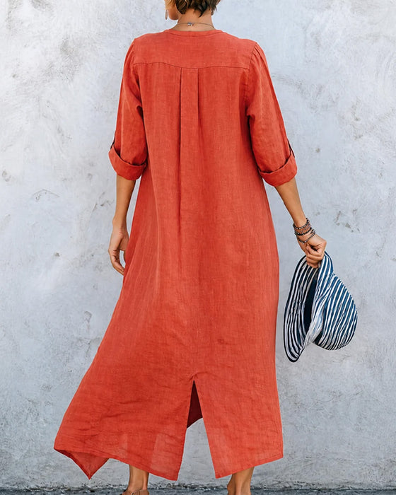 Lizie – Langes Kleid Mit V-Ausschnitt Und Knopfleiste