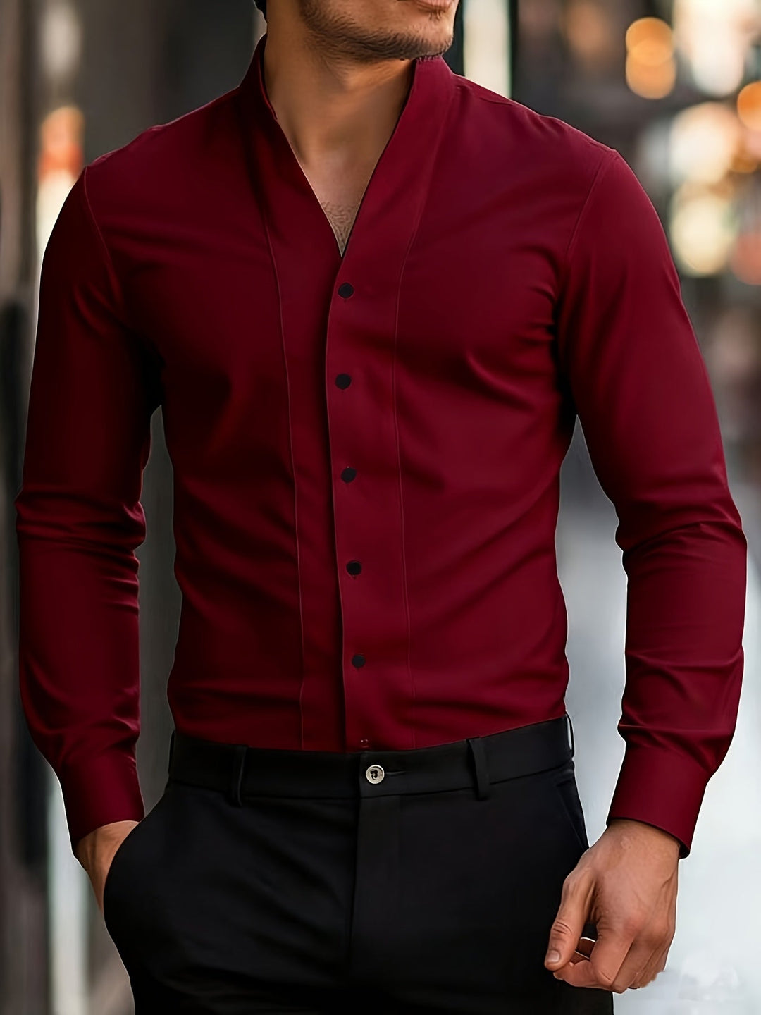 Almasbek - Langärmliges Hemd Mit V-Ausschnitt in Slim Fit Passform