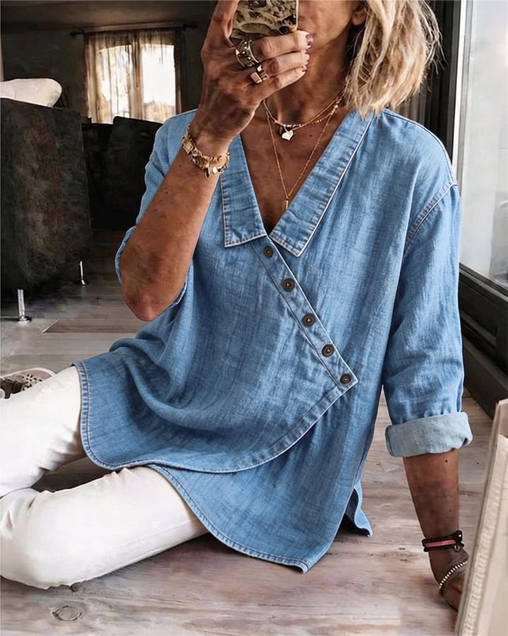 Olizia – Schlichte Bluse Mit Diagonalem Knopfverschluss Am Kragen