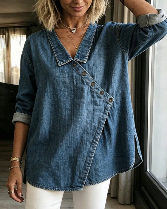 Olizia – Schlichte Bluse Mit Diagonalem Knopfverschluss Am Kragen