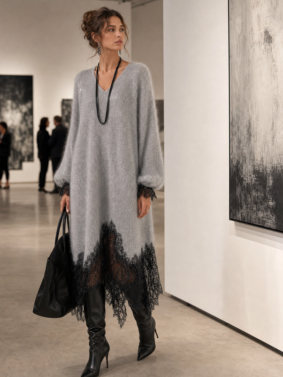 Samyra - Midi Kleid Aus Strick Mit Spitze