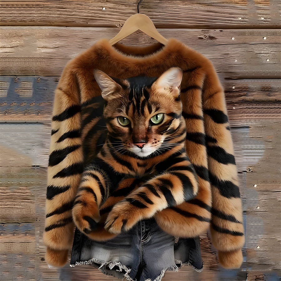 Zohara – Kunstfellpullover Mit Katzenprint