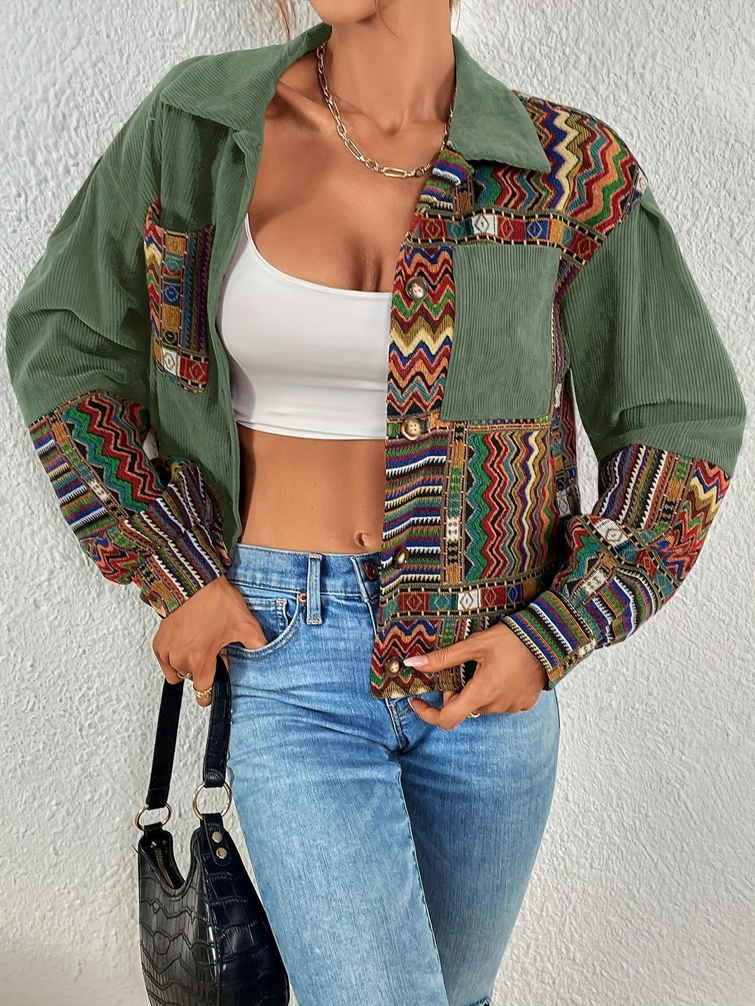 Amelina – Boho-Patchwork-Cordjacke mit Knöpfen