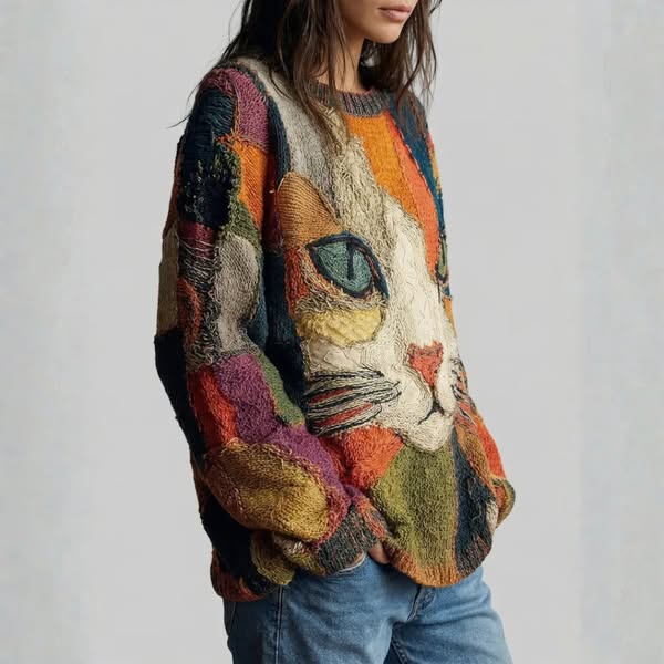 Chaya - Lässiges Künstlerisches Patchwork Oberteil Mit Katzenmotiv