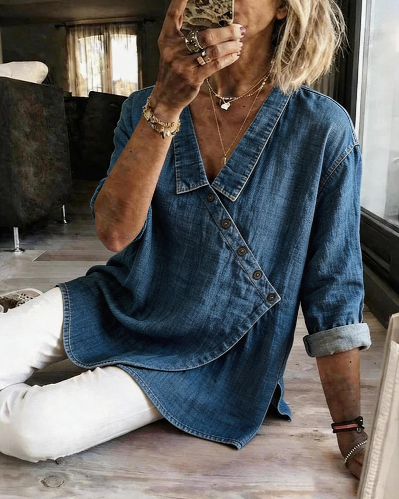 Olizia – Schlichte Bluse Mit Diagonalem Knopfverschluss Am Kragen