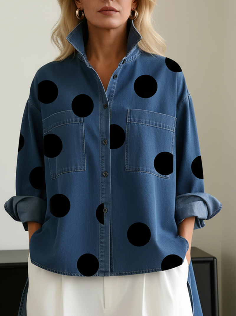 Shayner – Langärmliges Jeanshemd Mit Polka Dots Und Knopfleiste