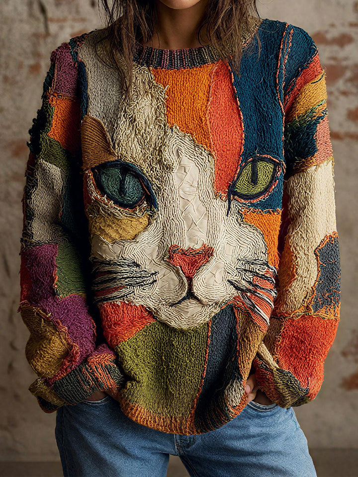 Chaya - Lässiges Künstlerisches Patchwork Oberteil Mit Katzenmotiv